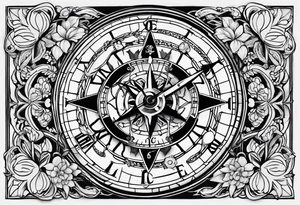 combination of a nautical compass and a old school clock face, and a doctor bird and tree of life and decorated with lignum vitae flowers, 3/4 sleeve on arm, flowing down the arem tattoo idea