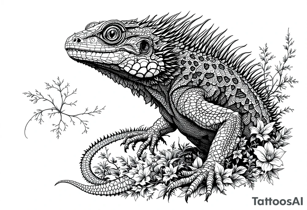 powerful majestic lizard, surrounded by floral ornaments tattoo idea