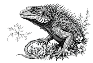 powerful majestic lizard, surrounded by floral ornaments tattoo idea