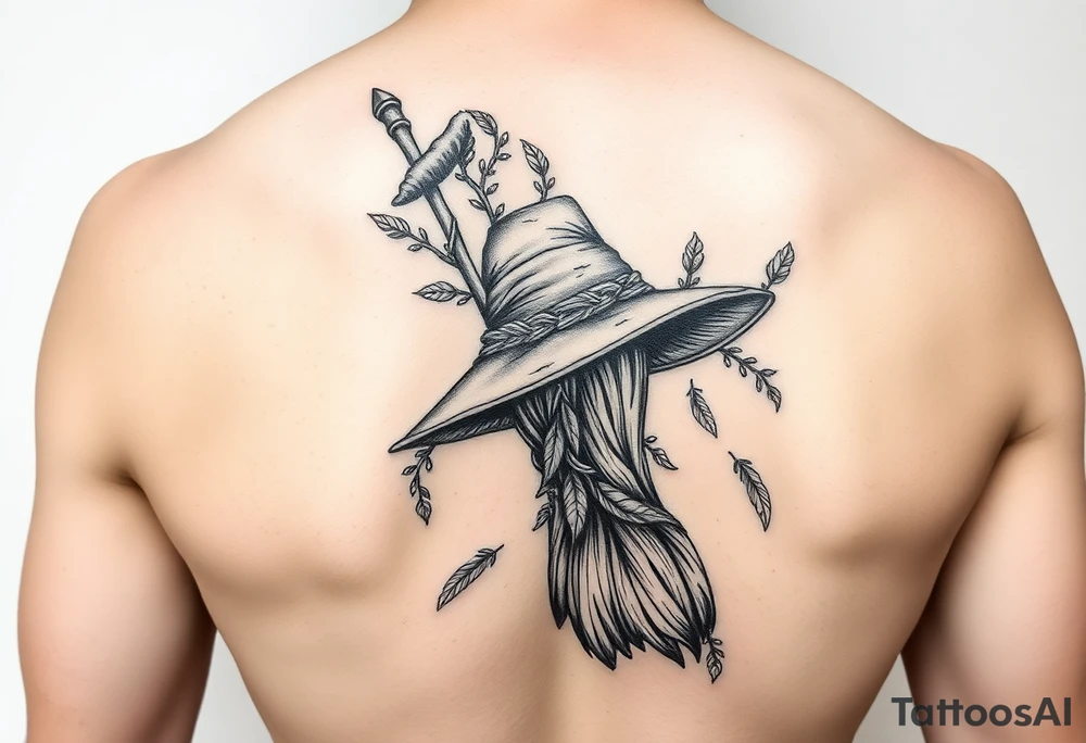 Which is broom with a witches hat with vines and feathers for women? tattoo idea
