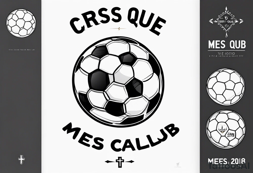 a cross with soccer ball and text MÉS QUE UN CLUB tattoo idea