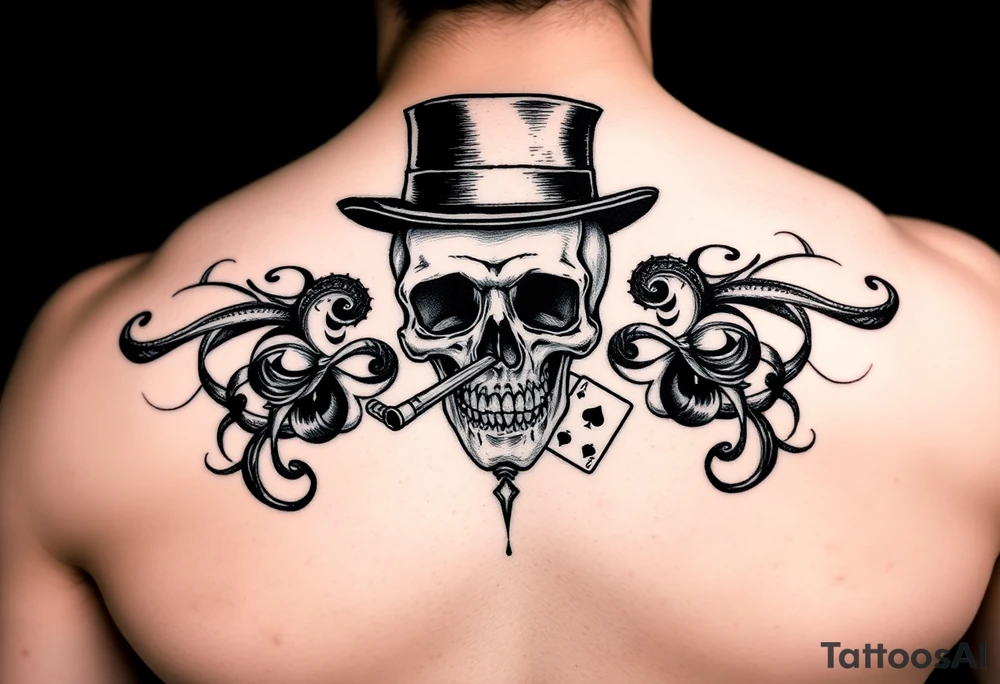 skull with top-hat,cigar in his mouth and playing cards. tattoo idea