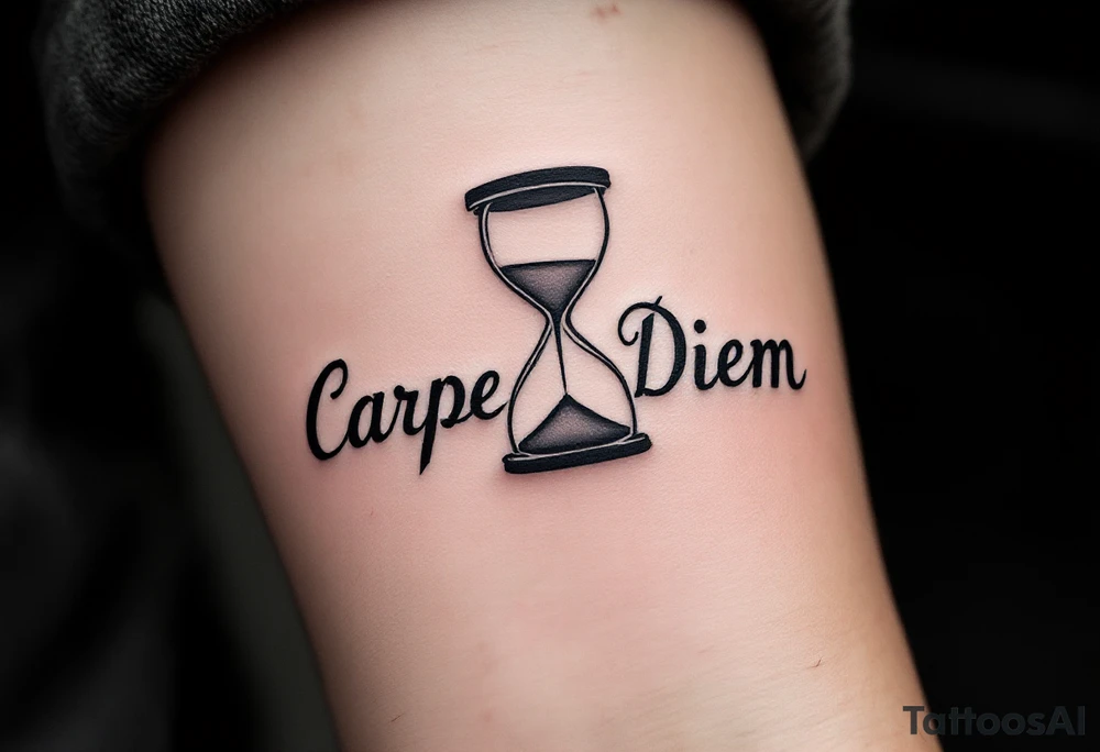 Classic black serif font "Carpe Diem" etched beneath a realistic grayscale hourglass dripping sand. tattoo idea
