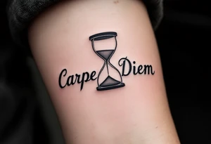 Classic black serif font "Carpe Diem" etched beneath a realistic grayscale hourglass dripping sand. tattoo idea