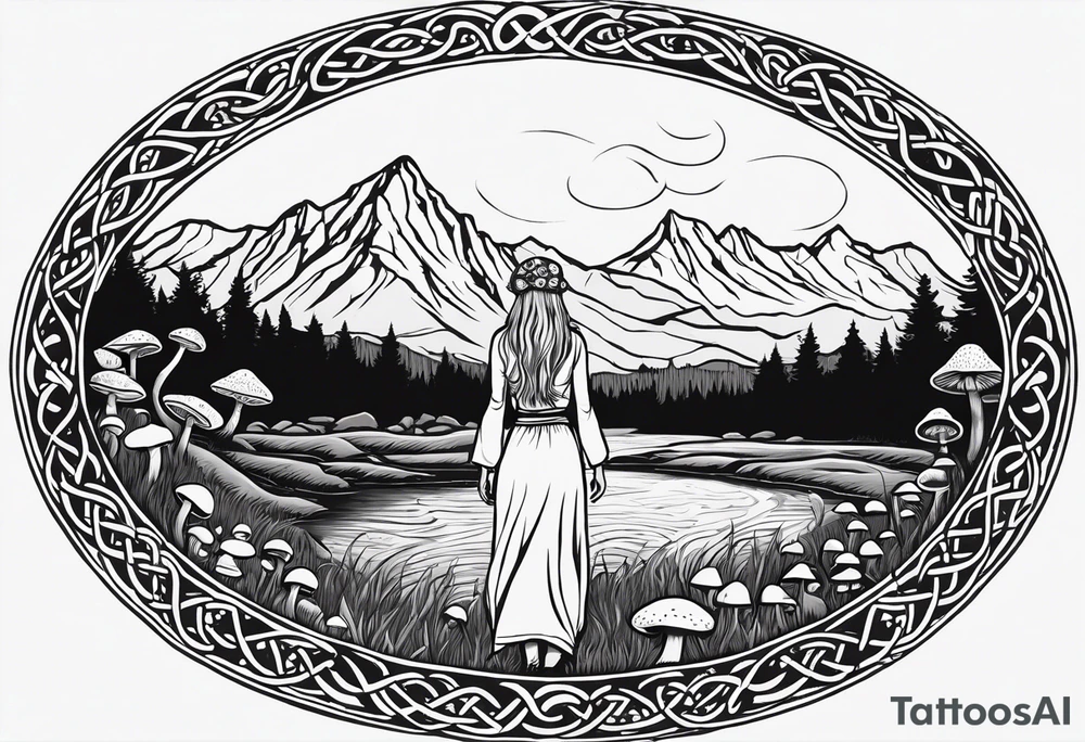 Whole picture encircled fully

Straight long blonde hair hippie girl in distance holding mushrooms in hand facing away toward mountains and creek surrounded by mushrooms long sleeve shirt and hiking pants; whole rendering within a full celtic circle, no cut off circle tattoo idea