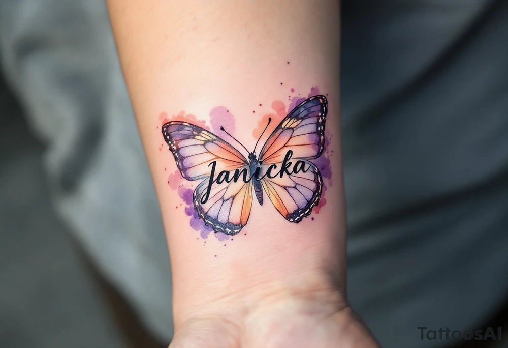Janička name framed by a soft watercolor butterfly, in shades of peach and lavender. tattoo idea