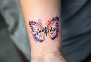 Janička name framed by a soft watercolor butterfly, in shades of peach and lavender. tattoo idea