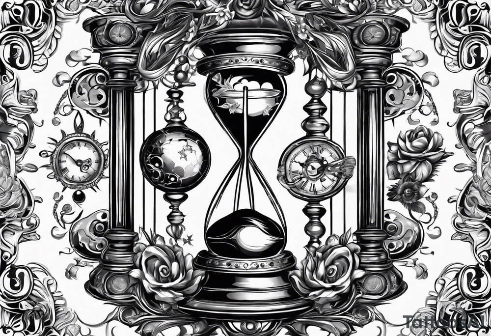 Mix an hourglass with a nautical clock with the addition of planets, galaxies and flower spikes to give a design to print on a t-shirt, the design should be in one color in the form of a tattoo and all the shapes should be mixed to give one shape tattoo idea