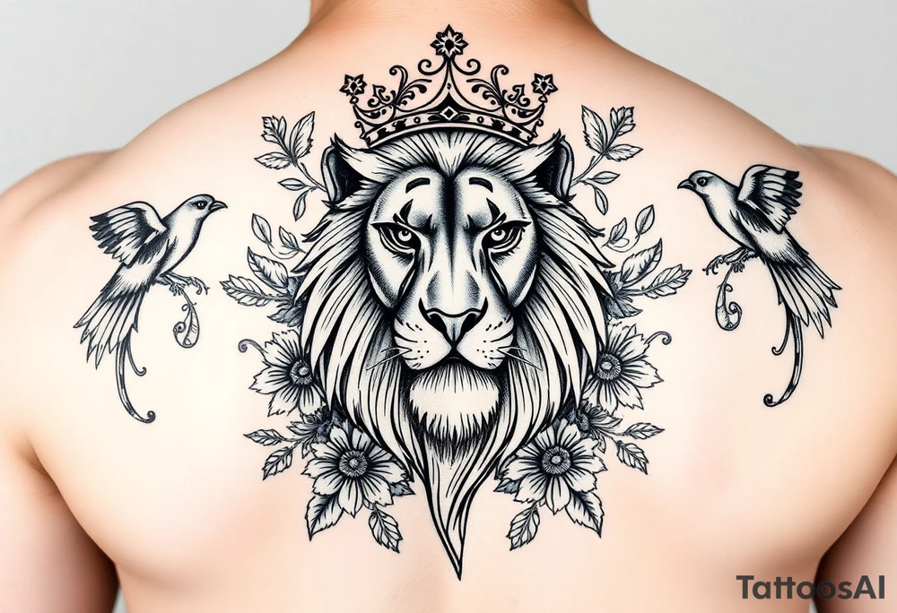 powerful majestic lion with a crown, surrounded by floral ornaments and birds tattoo idea