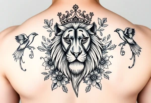 powerful majestic lion with a crown, surrounded by floral ornaments and birds tattoo idea