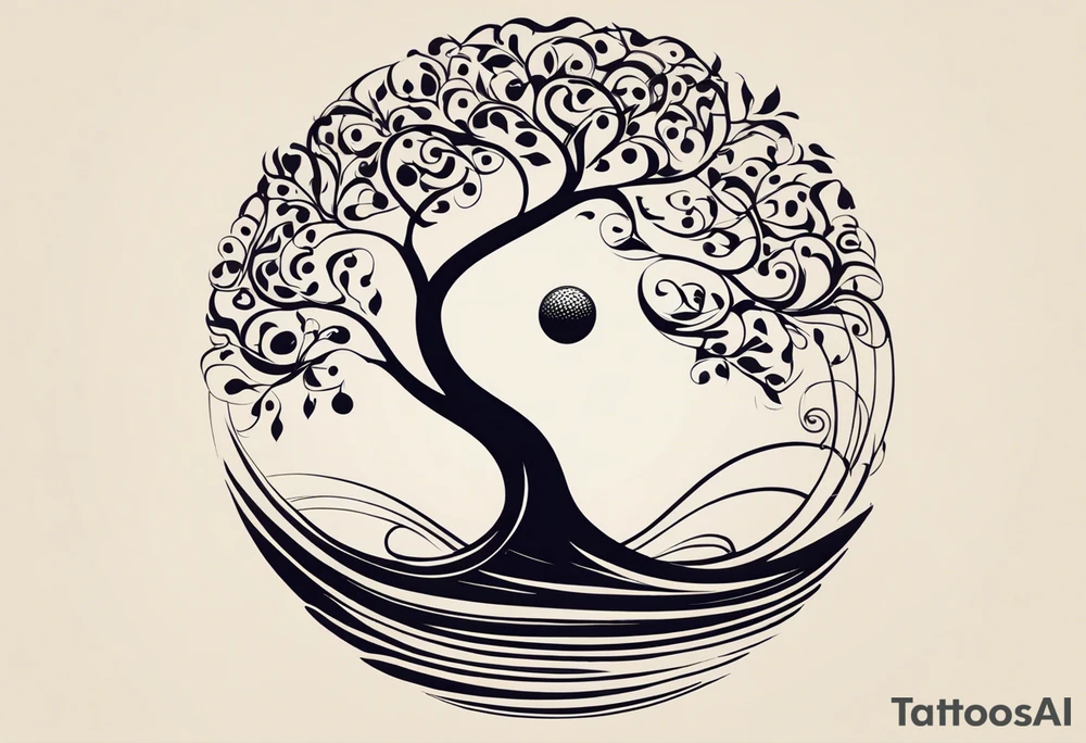 A tattoo design that incorporates the following elements: an abstract tree of life that has roots emerging  from the ground. Waves of water encapsulate the tree and wind around it in an organic way.  Incorporate music.   the letters U and A are overlapping and engraved into the tree. a golf ball incorporated but not prominent. tattoo idea