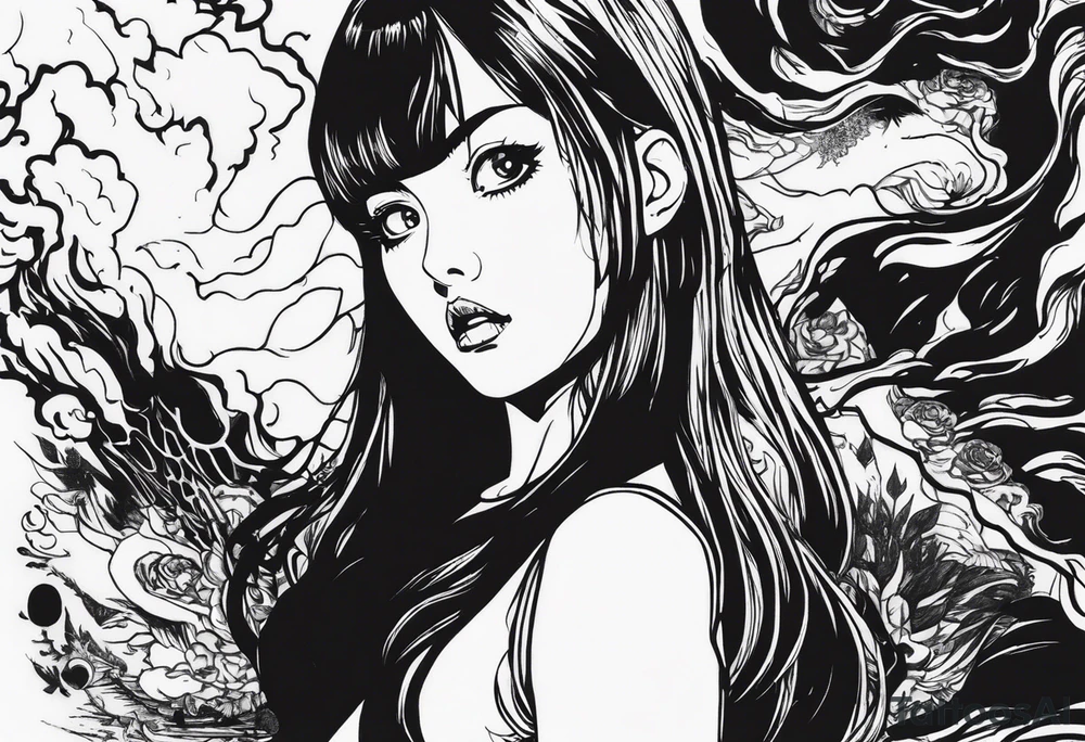 portrait of tomie standing up a character by the horror manga author junji ito full body standing murderously. add more horror and gore elements tattoo idea