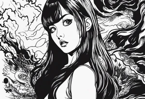 portrait of tomie standing up a character by the horror manga author junji ito full body standing murderously. add more horror and gore elements tattoo idea