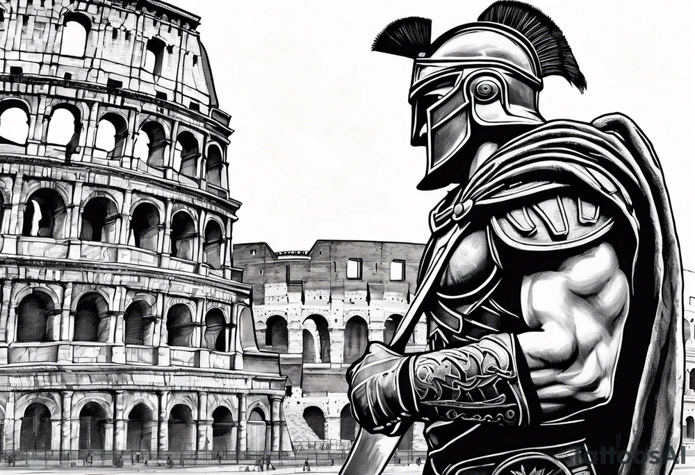 Side profile of spartan soilder looking at Roman colosseum tattoo idea