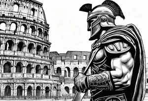 Side profile of spartan soilder looking at Roman colosseum tattoo idea