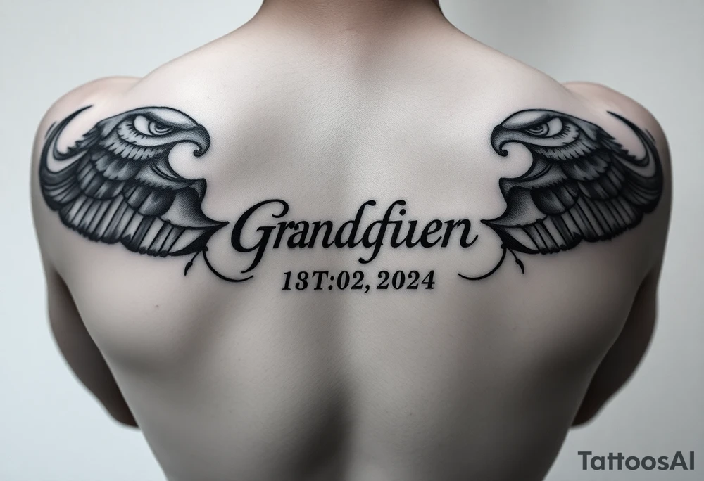 Small tattoo , on the traps , representing grandfather and date of death, could be in German or English tattoo idea