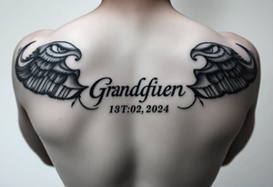 Small tattoo , on the traps , representing grandfather and date of death, could be in German or English tattoo idea