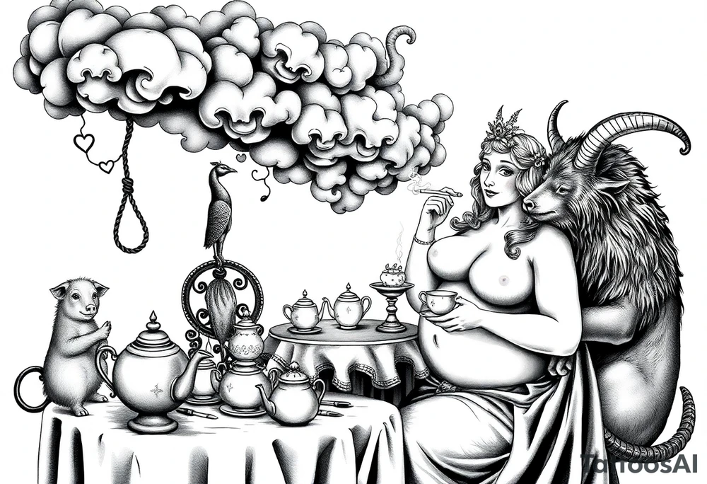 Storm clouds gothic sexy naked fat lady having a tea party with tea pots and 
with a pig, peacock, noose, lion, goat, smoking cigerettes looking in the mirror having sex with a man eating a cake thru storm clouds with knife and broken hearts and darkness and wrath, envy , gluttony, greed, sloth, pride kill tattoo idea