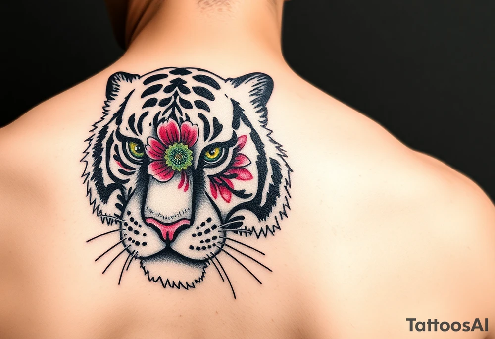 tiger with flower in the pupil of the eye bright colors trash polka tattoo idea