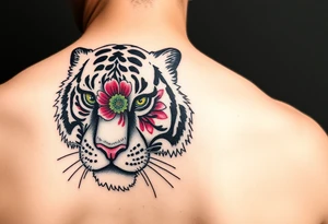 tiger with flower in the pupil of the eye bright colors trash polka tattoo idea