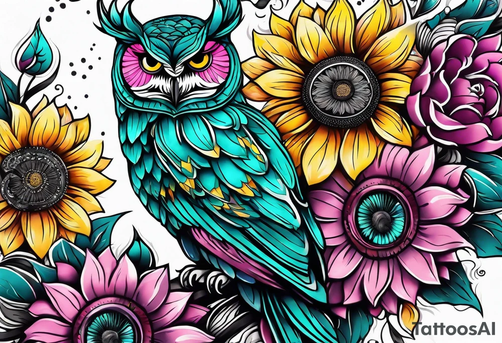 Sleeve with teal, pink and purple owl and yellow sunflowers tattoo idea