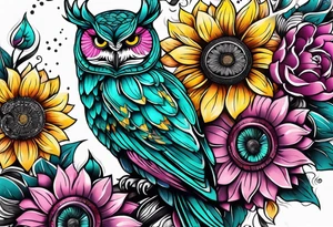 Sleeve with teal, pink and purple owl and yellow sunflowers tattoo idea