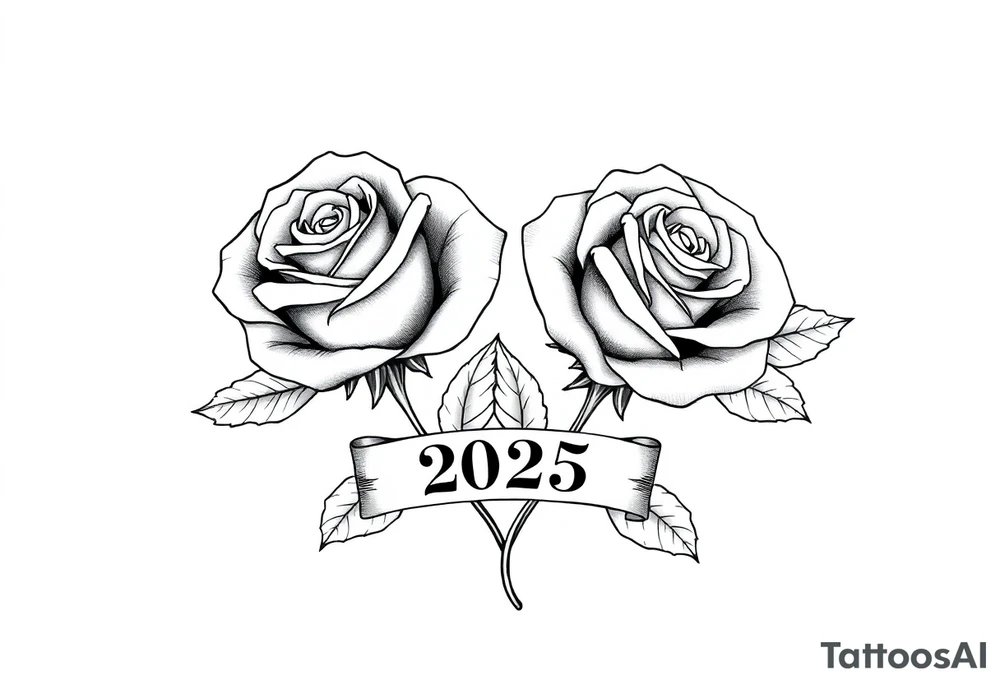 two beautiful large rose buds, one larger than the other, with lots and lots of leaves next to the rose buds, with one sitting slightly higher than the other, side-by-side.  Include a banner connecting the two roses with the year 2025 on it.   Use dark outlines with little shading. No stems tattoo idea