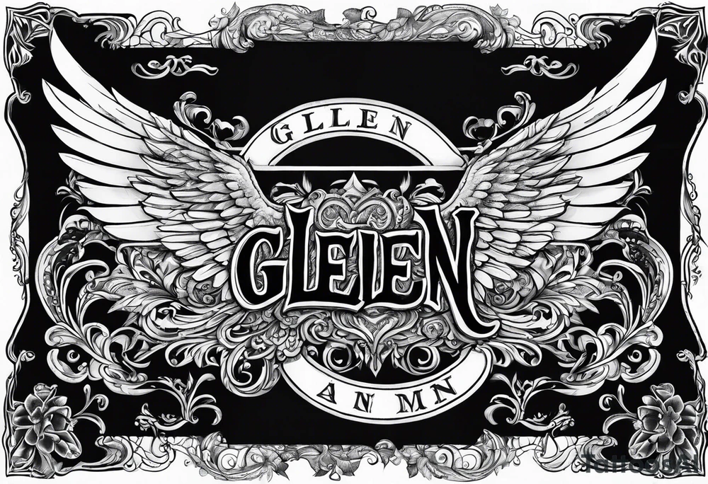 The word Glenn on a banner with angel Wings tattoo idea