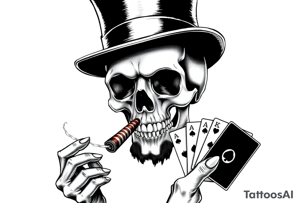 a skull with mustache,top-hat, cigar in his mouth and playing cards in a hand. tattoo idea