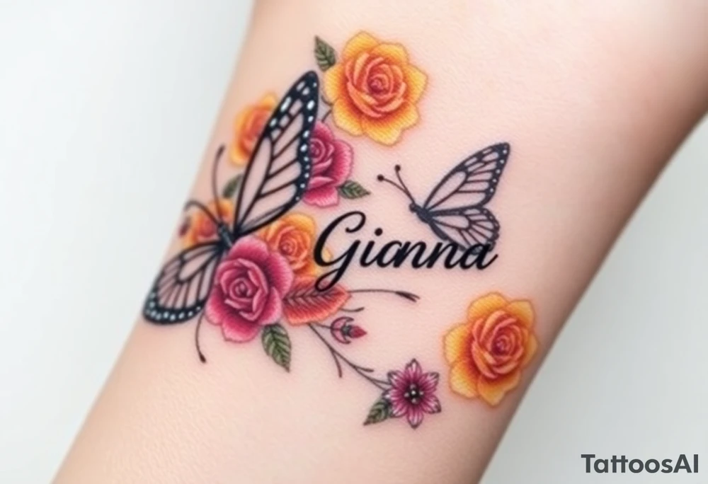 Beautiful majestic butterflies , surrounded by yellow, red and purple roses with the name Gianna tattoo idea