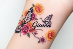 Beautiful majestic butterflies , surrounded by yellow, red and purple roses with the name Gianna tattoo idea