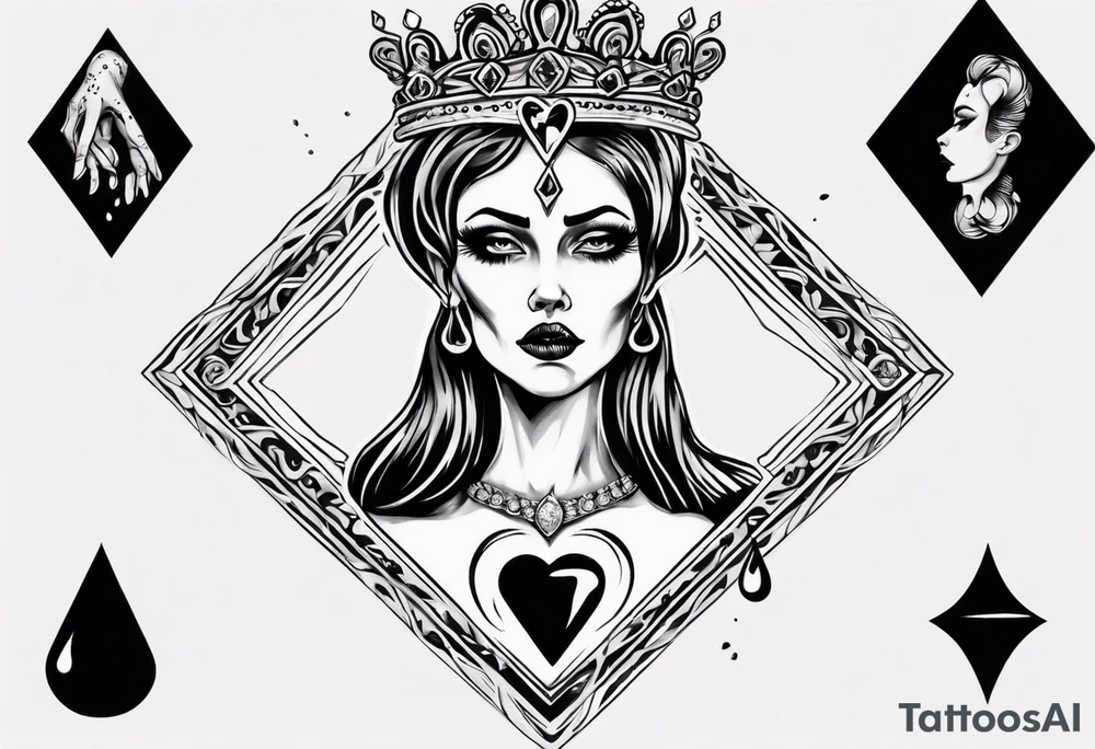 queen of hearts card with the queen holding a diamond and crying black tears, with blank eyes tattoo idea