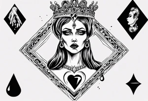 queen of hearts card with the queen holding a diamond and crying black tears, with blank eyes tattoo idea