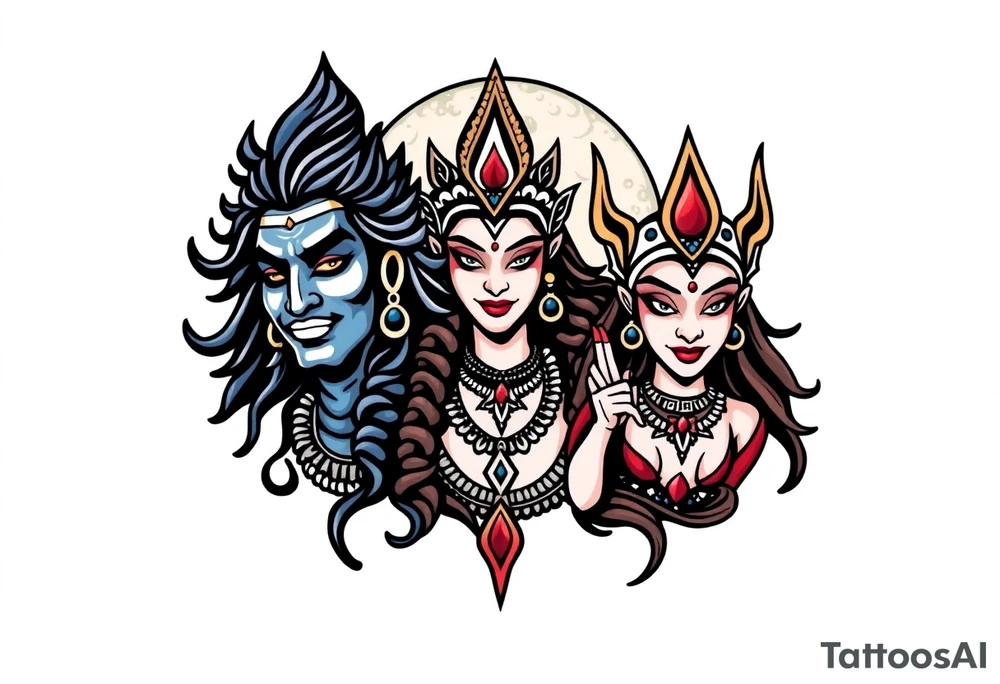 Lord Shiva, Godess Kali, Godess Lilith Together with the moon in the background tattoo idea