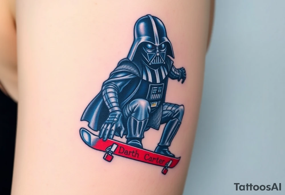 Darth Vader skateboarding >
blue & red
skateboard words "Darth Carter"
12/29/88-01/06/24 tattoo idea