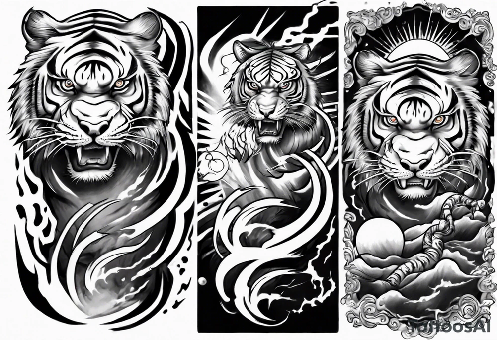 Tiger sleeve tattoo with lightning and the sun tattoo idea