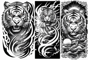Tiger sleeve tattoo with lightning and the sun tattoo idea