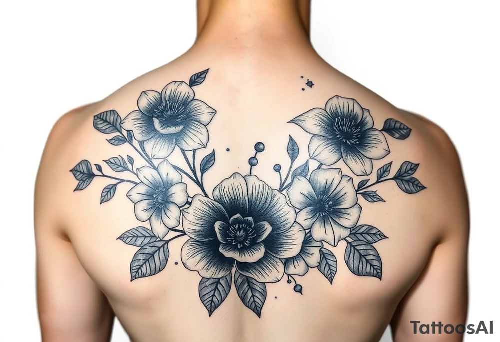 Realistic flowers and leaves with embellishments tattoo idea