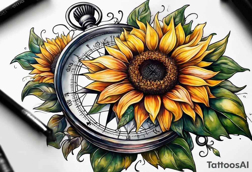 Sunflower next to a compass tattoo idea