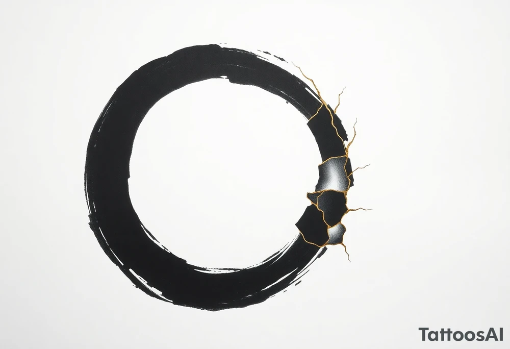 A Japanese‑inspired tattoo of a thick Zen ensō circle, drawn with a bold, hand‑painted black ink brushstroke. The circle is imperfect and organic, with visible texture and subtle variation in line thickness. About the last quarter of the circle, near the top‑right, transforms into a cracked ceramic segment that has been repaired using kintsugi: visible broken pieces outlined and joined by thin, flowing gold lines. There should be a couple big pieces of ceramic and no small ones. The circle and the ceramic part should have the same thickness. The gold seams follow the natural fractures of the ceramic section, creating several branching cracks rather than a single line, clearly distinguishing this repaired portion from the rest of the smooth ink circle. The transition from ink to ceramic should feel natural, as if the painted circle solidifies into a fragile object that has been lovingly mended. Keep the interior of the circle empty, with a clean white background and no extra symbols or text. Design it as a black and gray tattoo with a subtle metallic gold effect on the kintsugi seams, suitable for a medium‑sized placement on the back of the bicep. tattoo idea