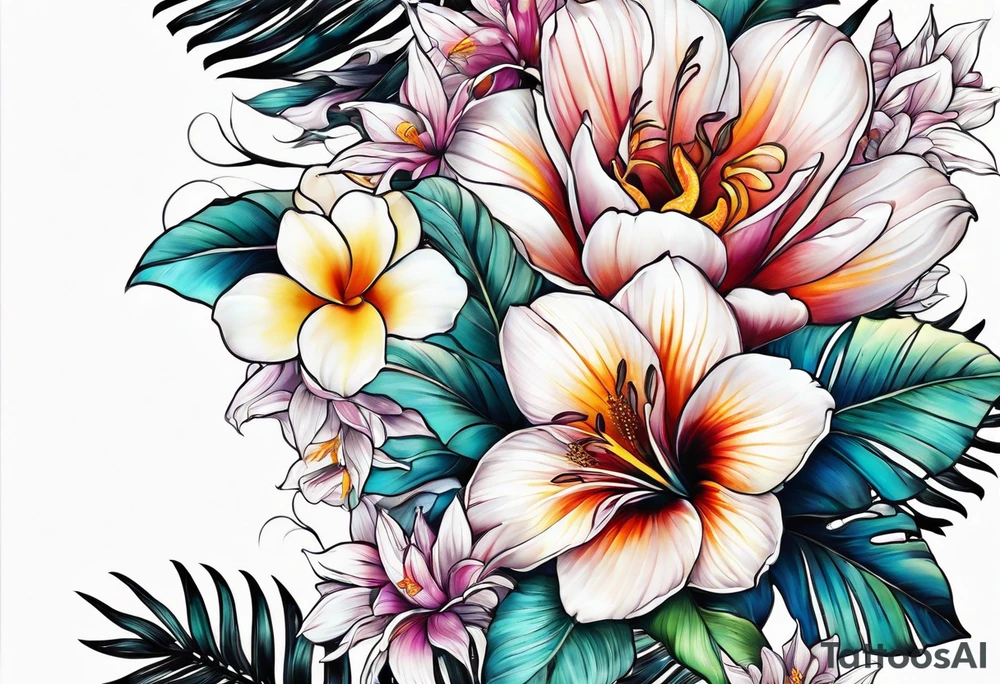 sea, flower, palm tattoo idea
