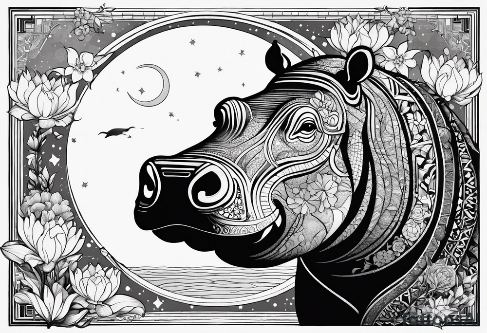 Hippo, flowers, moon, interstella, artic surreal,
Extreme fine lines, tribal, geometric, japanese, artistic tattoo idea