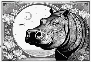 Hippo, flowers, moon, interstella, artic surreal, 
Extreme fine lines, tribal, geometric, japanese, artistic tattoo idea