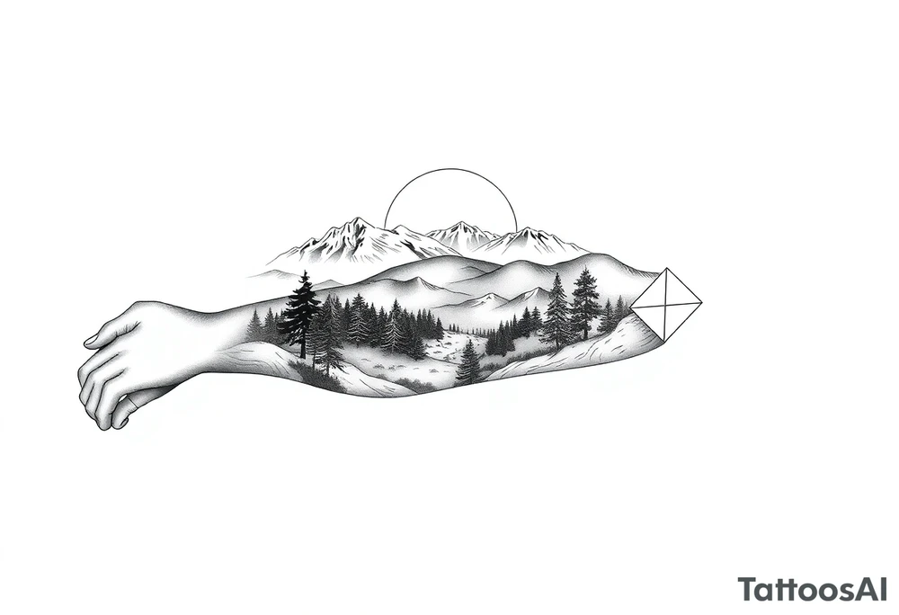 Tattoo stencil design, full sleeve. A journey through California: the top starts with a vibrant sunset over snowy peaks, transitioning down into a lush forest, then a stark desert, and ending at the wrist with ocean surf. The entire scene is viewed through a geometric lens, using "sacred geometry" patterns to divide the sections. Clean black and grey realism with sharp line work. No shading on the background, white background only. tattoo idea