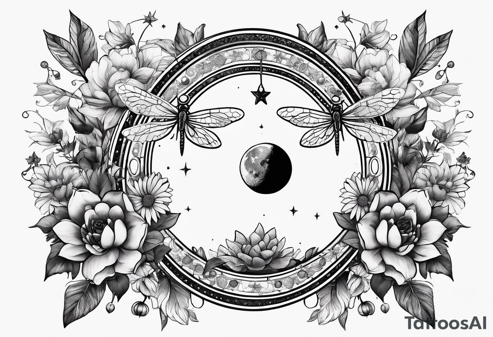 Floral moon phases with dragonfly and chain with stars going up and down tattoo idea