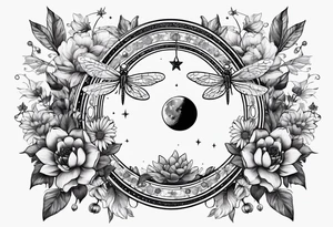 Floral moon phases with dragonfly and chain with stars going up and down tattoo idea