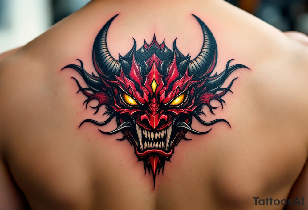 A fierce Hannya mask in deep red and black, with glowing yellow eyes and sharp horns. tattoo idea