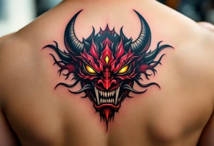 A fierce Hannya mask in deep red and black, with glowing yellow eyes and sharp horns. tattoo idea