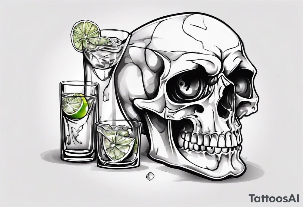 A smiling looking to the left scull inside the glass with alcohol and piece of lime tattoo idea