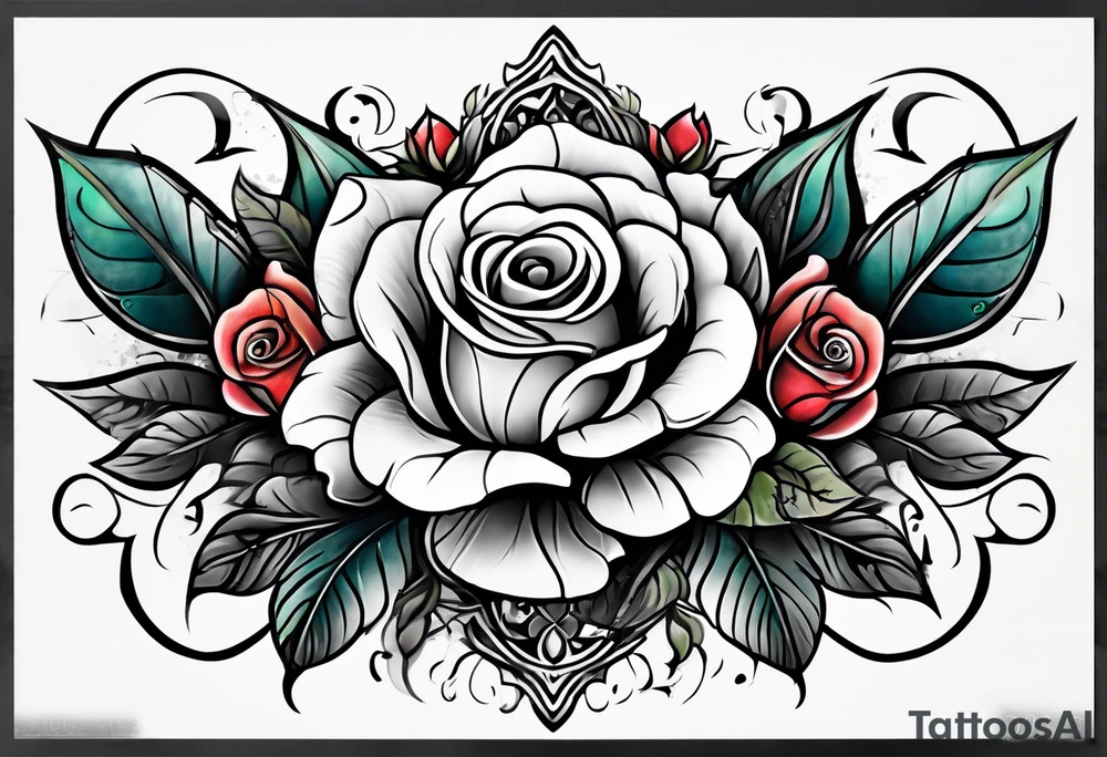 front knee tattoo based on Mike Rubendall with roses, water, flowers, background wash tattoo idea